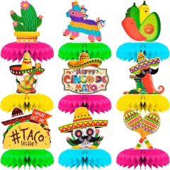 9 Pieces Cinco de Mayo Festival Honeycomb Centerpieces Table Decor, Mexican Fiesta Vibrant Cactus, Pi&ntilde;ata, Taco and Sombrero Pattern Table Topper Ornaments Signs, Holiday Party Decorations