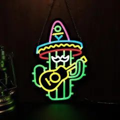 Summer Neon Wall Sign &ndash; Mexican Hat, Cactus & Guitar LED Light for Summer Parties, Tiki Bars, Patios & Festive Nights