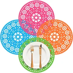 32 Pieces Fiesta Paper Place Mats 14" Mexican Papel Picado Cinco De Mayo Disposable Placemat Round Paper Doilies Cutouts for Mexican Party Supplies Tableware Decoration