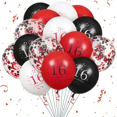16th Birthday Balloons - 16Pcs Red & Black Latex Balloons for Girls & Boys - Happy 16th Birthday Party Decorations