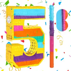 Rainbow Number 5 Pinata with a Blindfold and Bat for Boys Girls 5th Birthday Party, Kids Anniversary Celebration, Fiesta Supplies