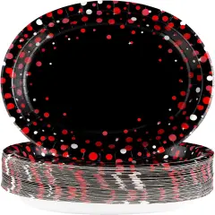 50 Pcs Large Red Dot on Black Party Plates - 10"x12" Disposable, Heavy Duty, 400 GSM, Perfect for Black & Red Birthday Decorations