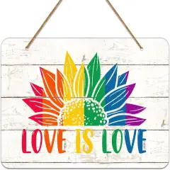 Love is Love Decor Sign 8"x12" Gay Pride LGBTQ Rainbow Door Signs Bisexual Pride Gay Stuff Hanging Signs Gay Lesbian Pride Party Decor Signs for Home Front Door Wreath Porch Wall Decorations