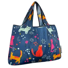 Wrapables Large Foldable Tote Nylon Reusable Grocery Bags, Cute Kitties on Blue