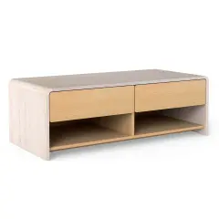 Modern White & Natural Coffee Table with Drawers and Open Storage