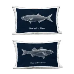 Stupell Industries Coastal Fish on Navy Blue 2pc Outdoor Printed Pillow Set design by Phillipa Katz, 14 x 7 x 20