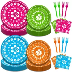 200Pcs Fiesta Party Plates, Mexican Cinco De Mayo Party Decorations Supplies Mexican Papel Picado Disposable Paper Plates Napkins for Taco Carnival Birthday Baby Shower Tableware, Serves 50