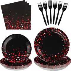 96Pcs Black and Red Party Supplies Red Dot on Black Party Plates and Napkins Disposable 350GSM Black and Red Birthday Tableware Set for Graduation Birthday Baby Shower Wedding Decorations, Serves 24