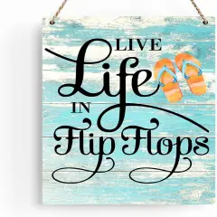 Rustic "Live Life in Flip Flops" Wooden Hanging Sign &ndash; Farmhouse Beach House Wall Art, Summer Plaque Decor for Pool and Home (8 x 10 Inches)