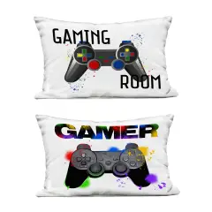 Stupell Industries Modern Gamer Graffiti Phrases 2pc Outdoor Printed Pillow Set design by Kim Allen, 14 x 7 x 20
