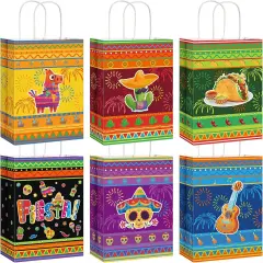 18 Packs Fiesta Party Favor Bags with Handles, Cinco De Mayo Candy Mexican Themed Paper Gifts Bags for Birthday Baby Shower Bridal Mexico Party Favor Supplies