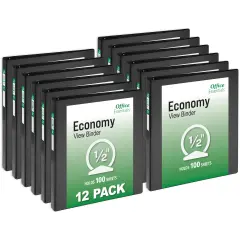 Office Essentials Economy View 3 Ring Binders, 0.5" Round Rings, 0.7" Spine, 100-Sheet Capacity, Black Binders (12-Pack of 03423)