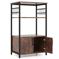 3-Tier Brown Kitchen Bakers Rack with 2 Doors Cabinet and 2 Open Storage Shelves