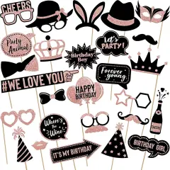 36 Pcs Gold Birthday Photo Booth Props, Large Gold Birthday Party Photobooth Props with Glitter for Woman Parties Supplies(Black, Rose Gold)
