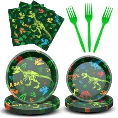 96 Pcs Dinosaur Birthday Party Decorations Dinosaur Plates and Napkins Disposable Dinnerware Tableware for Boys Kids Birthday Party Decorations Serve 24