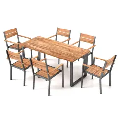 Acacia Wood 7-Piece Patio Dining Set, Metal Frame and Umbrella Hole