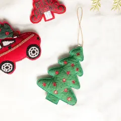 Fluffy Tree Hanging Ornament - Green & Red - 4" x 0.5" x 5"