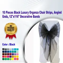 10 Pieces Black Luxury Organza Chair Strips, Angled Ends, 12"x116" Decorative Bands