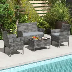 Costway 4 PCS Patio Furniture Set with Washable Cushions and Tempered Glass Coffee Table Gray