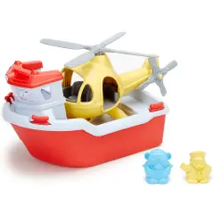 Green Toys: Rescue Boat & Helicopter Set - Red-Yellow - 2 Animal Figures, Floating Bath Toy Boat, Moving Propellers, Recycled Material, Kid-Toddler 2+