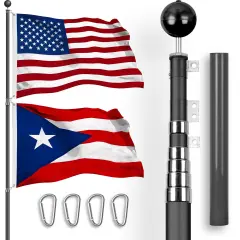 G128 Combo Pack: 25 Ft Telescoping Aluminum Flagpole (Black) & American and Puerto Rico Flags 3x5 Ft, Both StormFlyer Series Embroidered 220GSM Spun Polyester | Pole with Flags Included