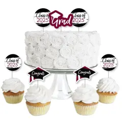 Big Dot of Happiness Maroon 2025 Graduation Party - Dessert Cupcake Toppers - Clear Treat Picks - Set of 24