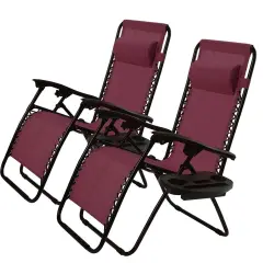 Set of 2 Folding Zero Gravity Recliner Chairs with Cup Holder Tray and Headrest for Patio or Lawn Burgundy