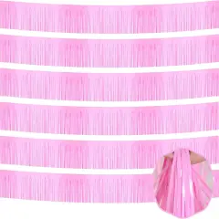 6 Pack 10 Ft Macaron Pink Foil Fringe Garland Metallic Tinsel Streamers Banner Wall Hanging Curtain Backdrop for Parade Floats, Christmas Day, Thanksgiving Day, Halloween, New Year Party Decoration