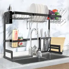 Adjustable Over The Sink Dish Rack Stainless Steel Kitchen Organizer with Removable Utensil Hooks, Rust-Proof Design for Small Spaces