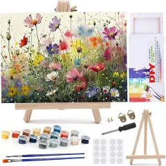 Paint by Numbers Kit for Adults Beginners 8Wx12L inch Canvas Pictures with Framed Drawing Painting Works with Wooden Triangle Easel Acrylic Pigment Flower
