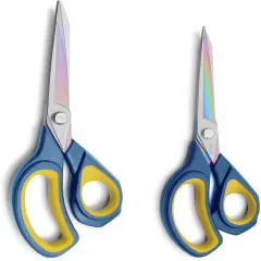 2 Pack Sharp Fabric Scissors - Heavy Duty Scissors All Purpose, Titanium Coated Forged Sewing Shears for Tailor Dressmaking Crafting Cutting Clothes Leather, 8.5" & 9.5", Blue & Yellow