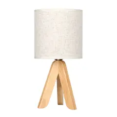 Small Bedside Table Lamp Wooden Tripod Nightstand Lamp with Fabric Linen Shade