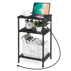 3-Tier Side Table with Built-in Power Outlet Modern End Table with Storage for Living Room, Bedroom, Office