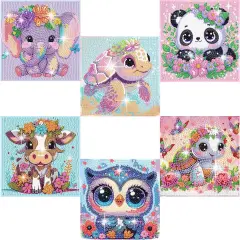 6 Pack 5D Cartoon Diamond Painting Kits for Kids Beginners,Cute Animals DIY Diamond Art Kit for Kids