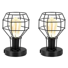 2PCS Industrial Steampunk Table Lamp Vintage Cage Bedside Light with Dual USB Ports & AC Outlet UL-Certified, Portable Nightstand Lamp for Small Spaces