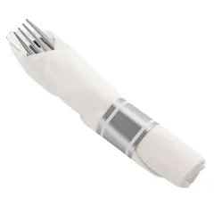 Durable Silver Plastic Cutlery in White Napkin Rolls Set - (100 Guests)