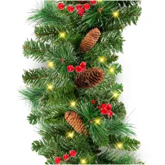 Best Choice Products 9ft Pre-Lit Pre-Decorated Garland w/ PVC Branch Tips, 50 LED Lights, Pine Cones, Berries Green - Corded