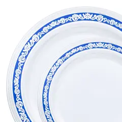 White with Blue and Silver Royal Rim Plastic Dinnerware Value Set (120 Guests)