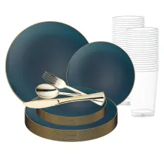 Navy with Gold Rim Organic Round Disposable Plastic Wedding Value Set (20 Settings)