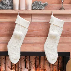 Set of 2 Knitted Polyester Christmas Decoration(Stocking & Tree Skirt) 2pk White
