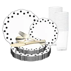 White with Black Dots Round Blossom Disposable Plastic Wedding Value Set (120 Settings)