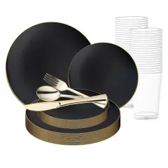 Black with Gold Rim Organic Round Disposable Plastic Wedding Value Set (120 Settings)