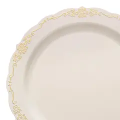 Ivory with Gold Vintage Rim Round Disposable Plastic Appetizer/Salad Plates - 7.5" (120 Plates)