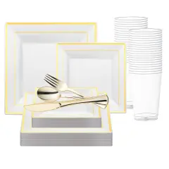 White with Gold Square Edge Rim Plastic Wedding Value Set (120 Settings)