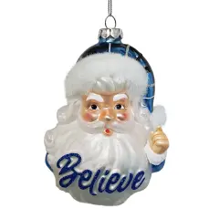 Vintage Blue Santa Believe Glass Christmas Ornament