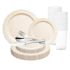 Ivory Vintage Round Disposable Plastic Wedding Value Set (120 Settings)