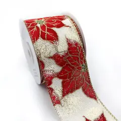 Designer&rsquo;s Shop WR 63-5213 Red Poinsettia on White Wired Edge Ribbon &ndash; 2.5" x 10 Yards &ndash; Christmas Floral Glitter Accent