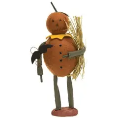 Fall Pumpkin Figurine Decor with Felt Pumpkin Man, Straw and Bat Accents Harvest Tabletop