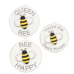 Wooden Round Bee Signs with Easel Stand and Cut-Out Accents 3 Asstd.