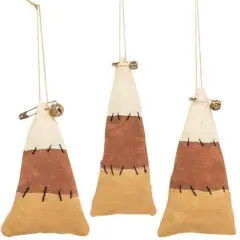 Primitive Candy Corn Fabric Ornaments Set of 3 with String Hangers and Grungy Bell Accents